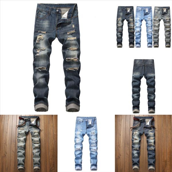 

e37td jeans men hole ripped skinny jeans blue pants pencil motorcycle party casual trousers street clothing man s skinny jeans denim, Black