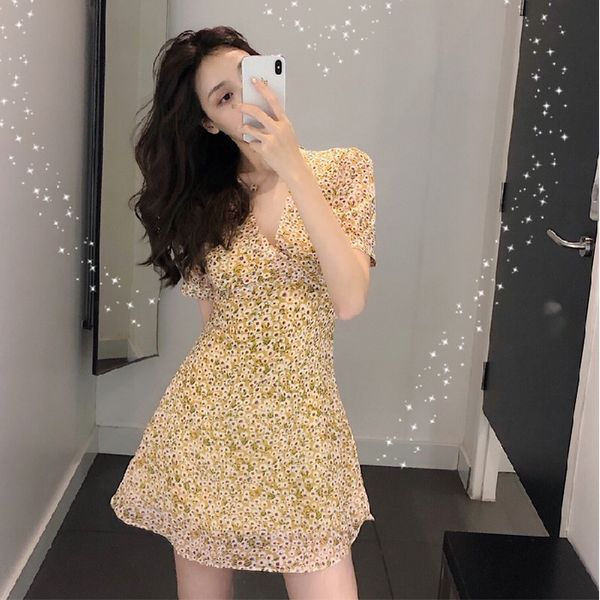 

2020 dress summer new french forest super fairy temperament daisy floral chiffon v-neck dress dc5ra, Black;gray