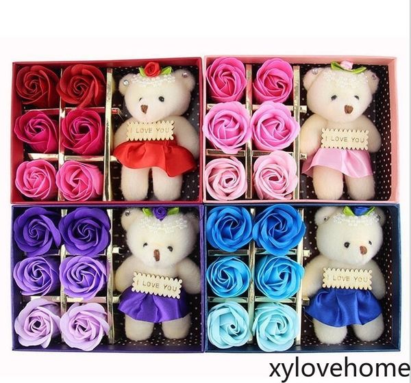 

6шт / коробка романтическая розовое мыло цветок с маленьким милым медвежом кукла 16 * 12см великий день святого валентина подарки для свадьб