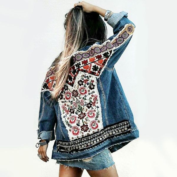 

yamdi 2020 denim jacket women autumn vintage floral appliques embroidery boho jacket long sleeve outerwear coat female jackets1, Black;brown