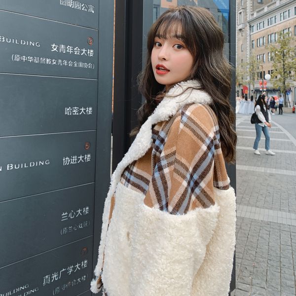

2021 new women's new korean style short quilted stitching houndstooth fashion women winter coat wool 9uy8, Black