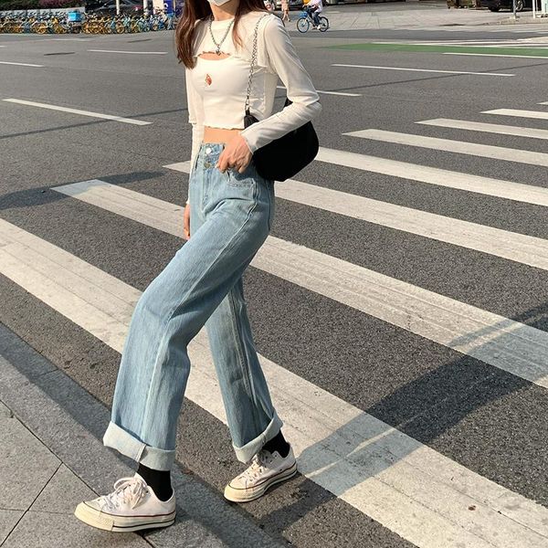 

summer and autumn high waist slim jeans 2020 new women's two button denim trousers loose and versatile wide-leg pants, Blue