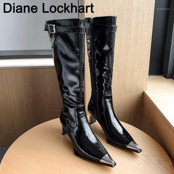

metal pointed toe western boots women cowgirl knee-high boots woman genuine leather motorcycle square heel boot ladie shoe1, Black