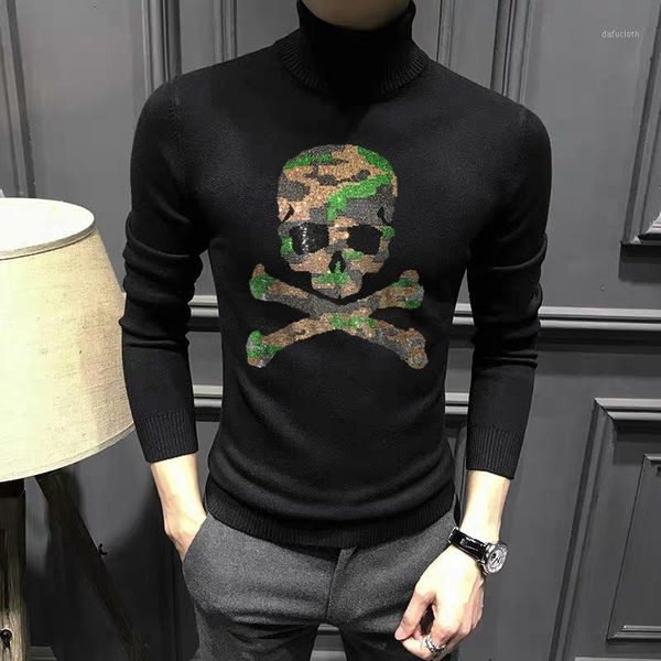 

autumn and winter men's turtleneck sweaters, high-quality fabric pullovers, warm long-sleeved knitted skull new 1, White;black