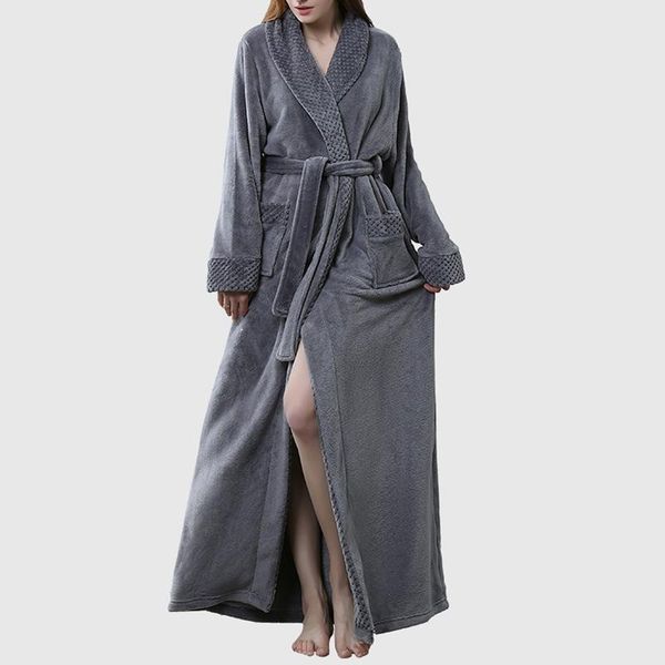 

women's sleepwear women flannel bath robe 2021 autumn winter solid plush ankle-length bathrobe thick warm female drop, Black;red