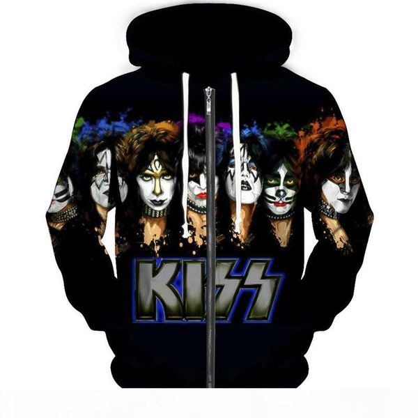 

kiss jackets 3d hoodies zipper hooded jacket men women kiss band hoodie vintage kiss paul stanley concert tour christmas sweatshirts, Black