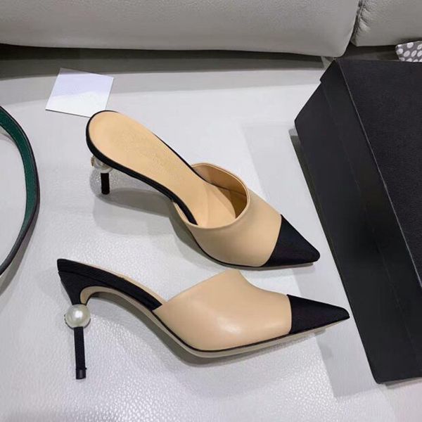 

superstar pointed toe pearl pumps mules slingback high heels brand runway spell color wedding party women high heels, Black