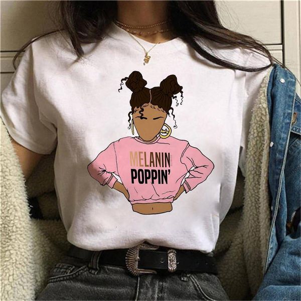 

melanin girl vogue tshirt harajuku women black curly hair girl printed tshirt streetwear cute female plus size, White