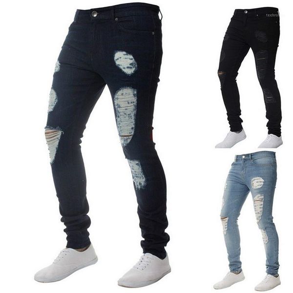 

fashion solid white jeans men ripped hole distresses washed skinny male casual outerwear hip hop pants 20201 men's, Blue