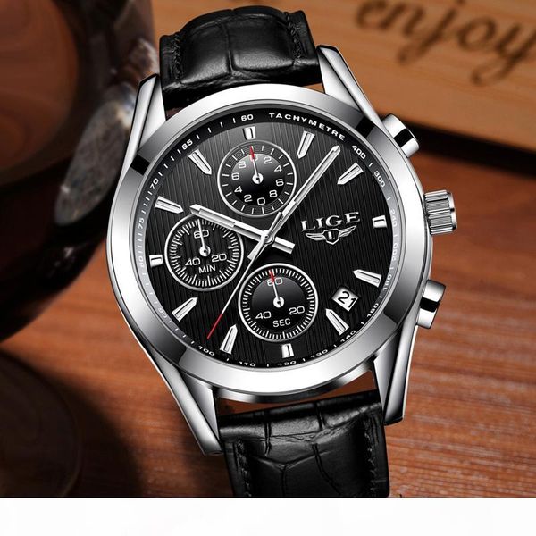 

masculino lige mens watches chronograph sport quartz watch men fashion business leather wrist watch man clock, Slivery;brown