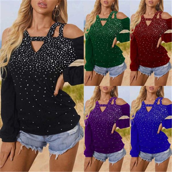 

girl strapless drilling t-shirts fashion trend v neck long sleeve solid colors tees designer female spring new casual loose tshirt, White