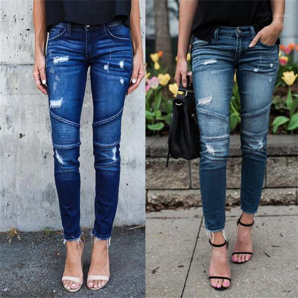 

women's jeans women's motorcycle biker zipper hole ripped stretch denim pencil pants female slim fit trousers jeans1, Blue
