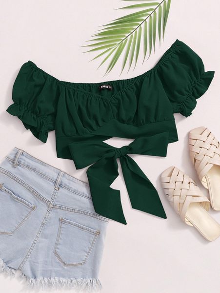 

tied hem puff sleeve crop 79kb#, White