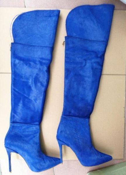 2023 neue Art und Weisefrauen über kniehohe Stiefel hohe Gladiator-Oberschenkelhohe Stiefeletten 12cm dünne Ferse blaue Mujer Bota-Parteischuhe