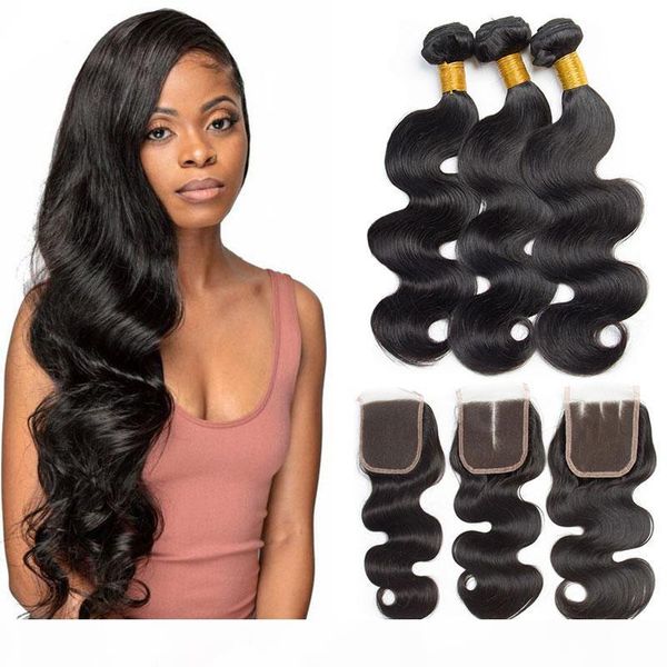 

brazilian virgin hair 3 bundles with closure 7a grade unprocessed human hair weave wet wavy bundles with closure hair extensions, Black