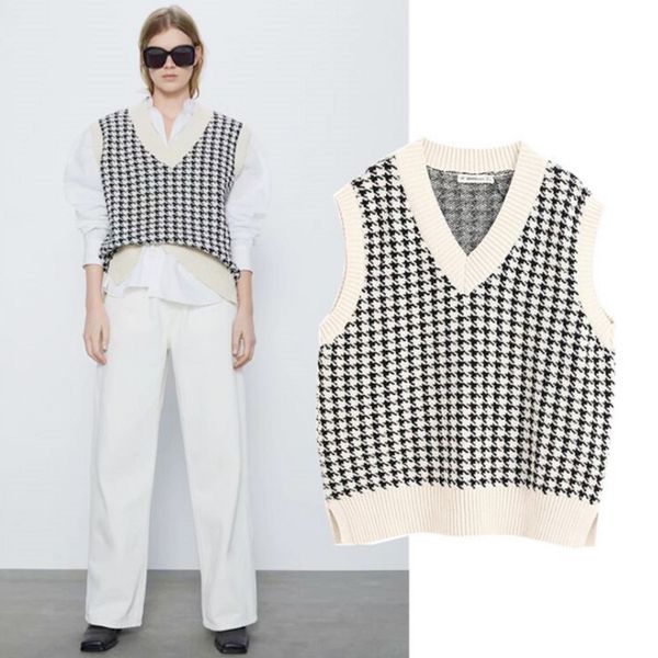 

women 2020 fashion oversized houndstooth knitted vest sweater vintage sleeveless side vents female waistcoat chic, White