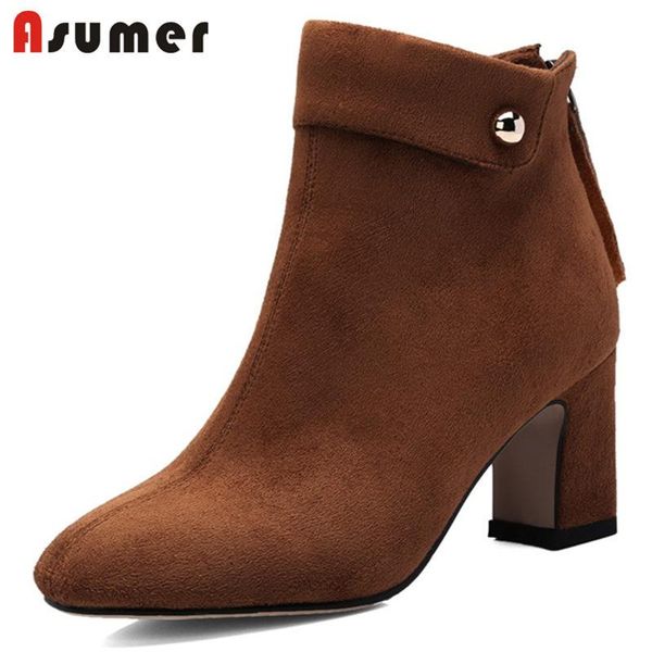 

asumer big size 34-43 2020 fashion faux suede ankle boots women pointed toe thick high heels zipper autumn winter boots, Black