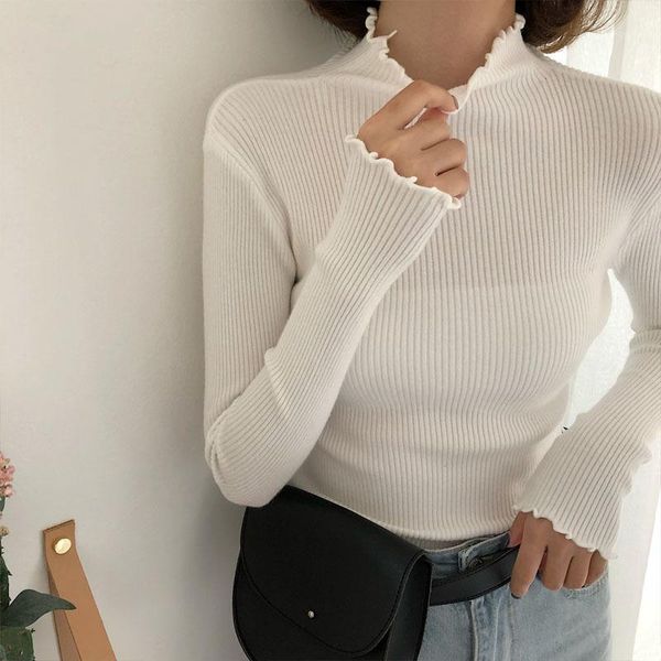 

turtleneck ruched women sweater high elastic solid 2021 fall winter fashion sweater women slim knitted pullovers pink white1, White;black