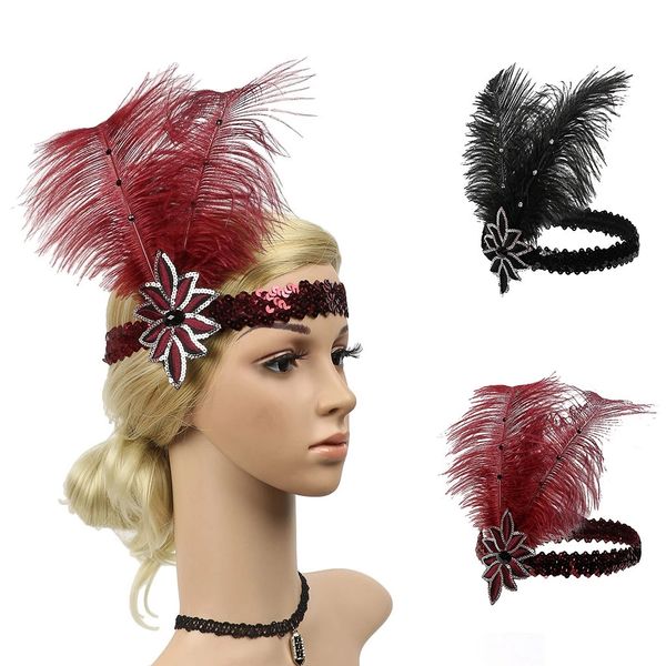 Elegante Headbands do partido dos Sequins Vintage Headpiece Moda feminina frisado Flapper Feather Headband cabelo acessório do casamento nupcial