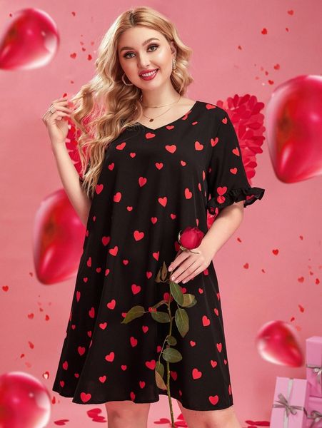 

plus heart print flounce sleeve tunic dress 09xm#, Black