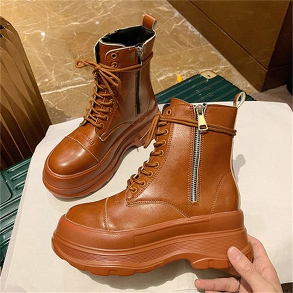 

new autumn 2021 leather plutonium rugged boots increasing woman shoes 4l6g, Black