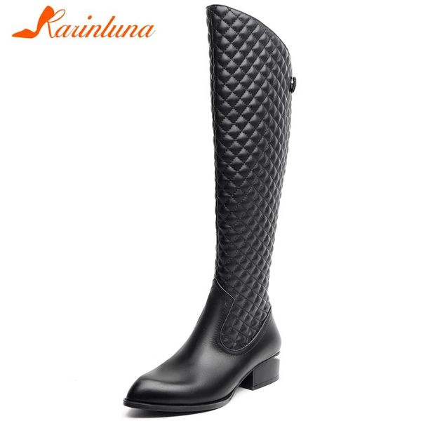 

boots karin fashion ladies daily casual genuine leather pointed toe chunky heels women knee high shoes, Black