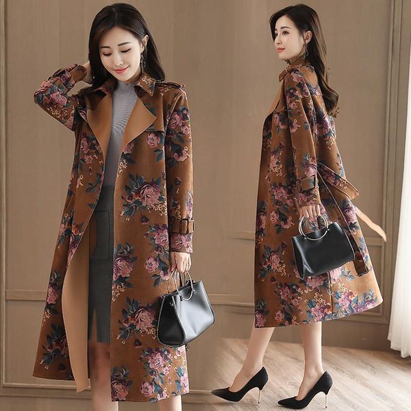 

2020 new autumn winter women suede trench coat casual long-sleeved print elegant cardigan outwear with belt female overcoat 1111, Tan;black