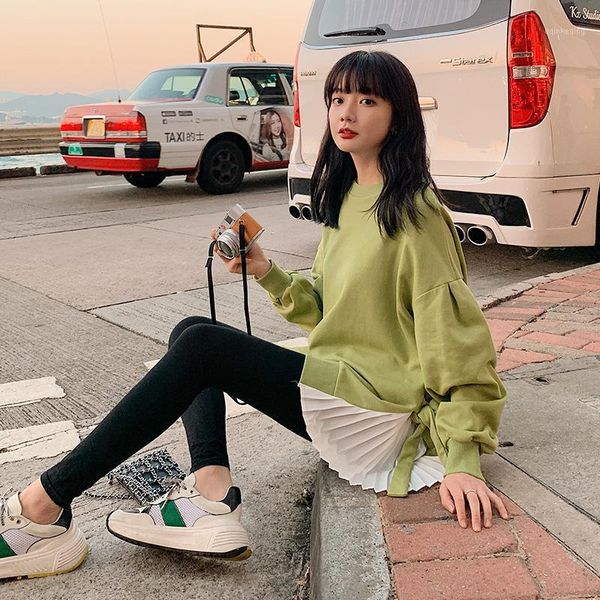 

ewq]2020 spring new thin long sleeve hem crew neck plus size patchwork women sweatshirt o neck pleated lace on both sides coats1, Black