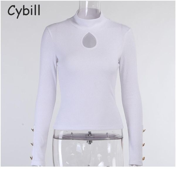 

cybill ribber knitted button long sleeve women hollow out casual t shirt skinny autumn winter slim tee lady bbytah, White
