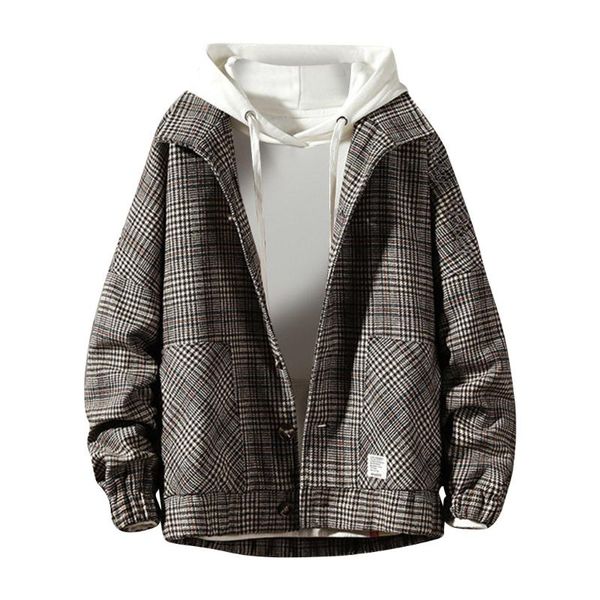 

men's jackets streetwear chaqueta hombre jacket men autumn and winter trend fashion woolen plaid thick loose casual coats erkek mont, Black;brown