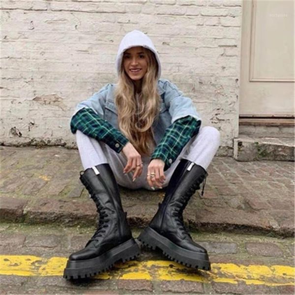 

black knight boots fashion chunky side zip mid tube boots women platform lace up shoes woman platform mid calf 35-401