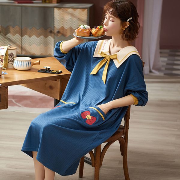 

2021 new style autumn spring cotton nightdress for women plus size printing sleepwear sweet down collar homewear ladies bdil, Black;red