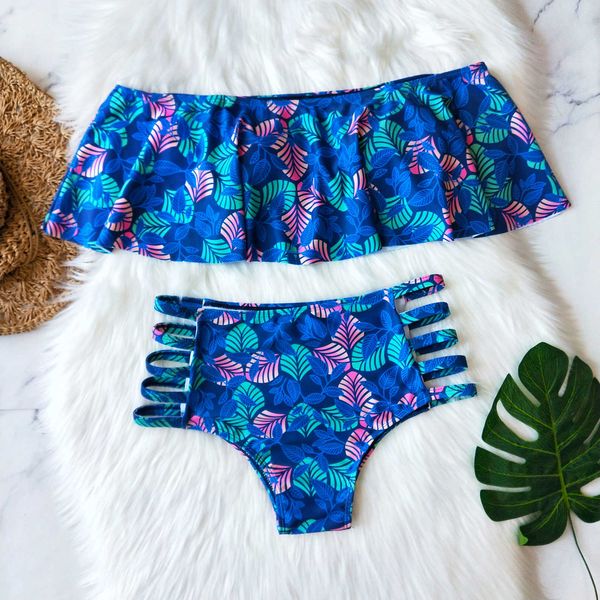 

2020 ruffled bikini high waist swimwear women cut out bandeau bikini set print biquini swim bathing suit swimsuit summer, Black