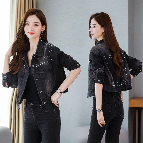 

черная джинсовая короткая пальто женский с длинным рукавом свободных 2020 весна новая бисера мода женская джинсовая куртка платья женская од, Black;brown