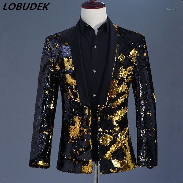 

men gold black double color sequins blazers coat tide fashion slim jacket outerwear prom host dj nightclub singer stage costume1, White;black