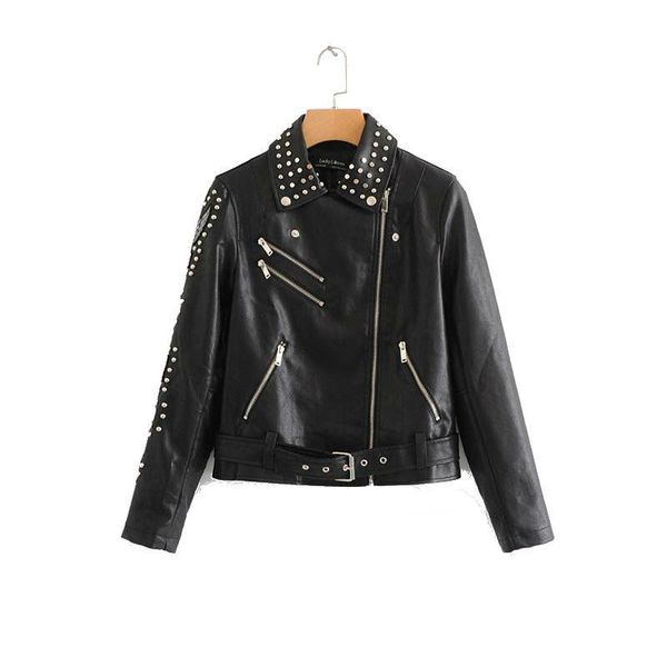 

deat] loose fit jacket leather new turn-down collar rivet long sleeve women coat fashion tide spring autumn 2020 13u645, Black