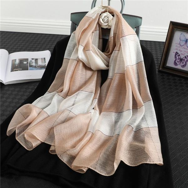 

2020 new autumn winter silk scarf real wool shawls and wraps striped colored long scarves foulard female bandana1, Blue;gray