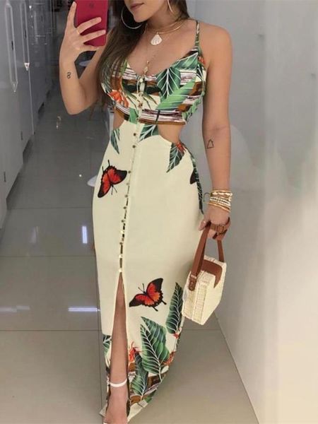 

2021 summer women elegant long casual party dress female maxi dress ladies v-neck spaghetti strap tropical print cutout dress, Black;gray