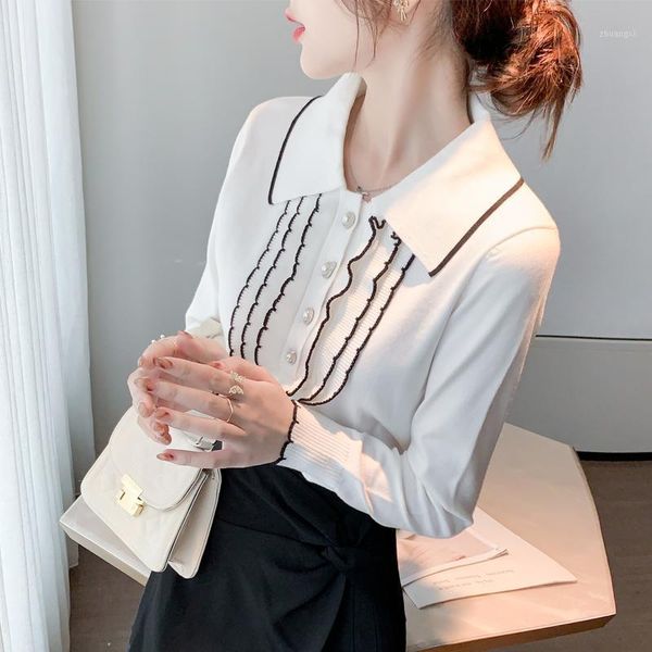 

new elegant women fashion all-match collar sweet knit sweater long sleeve outer sweater bottoming, White;black