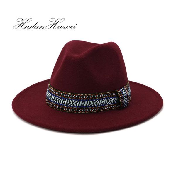 

autumn winter british style woolen jazz panama fedora hat gentlemen elegant women solid wide brim caps, Blue;gray