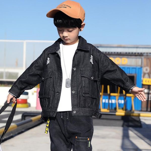 

boy denim jackets 2020 new fashion long sleeve ripped jeans jackets fall kids clothes back to school harem boy outwear 8 9 10 12, Blue;gray