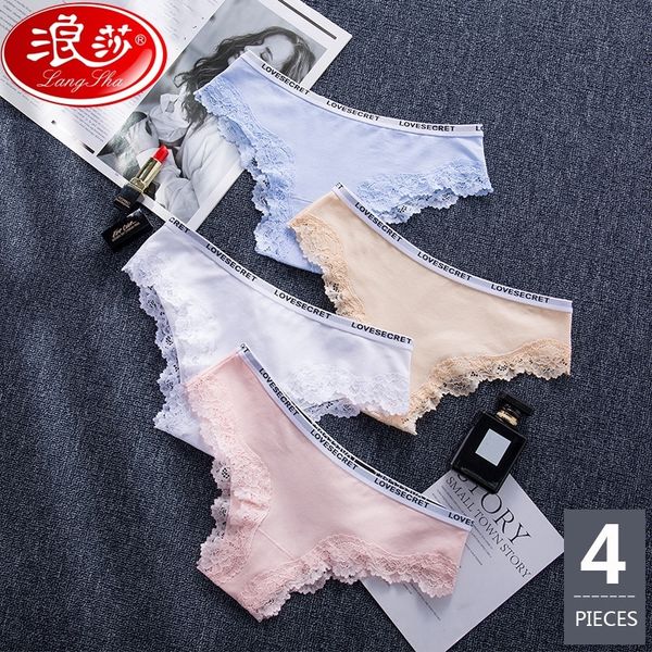

langsha 4pcs/lot new low-rise women underwear thongs ladies lingerie lace cotton women's panties seamless breathable briefs y200425, Black;pink