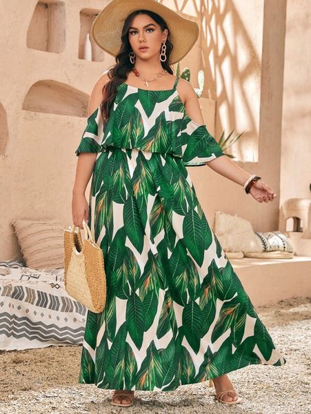 

plus cold shoulder tropical print dress e3bi#, Black