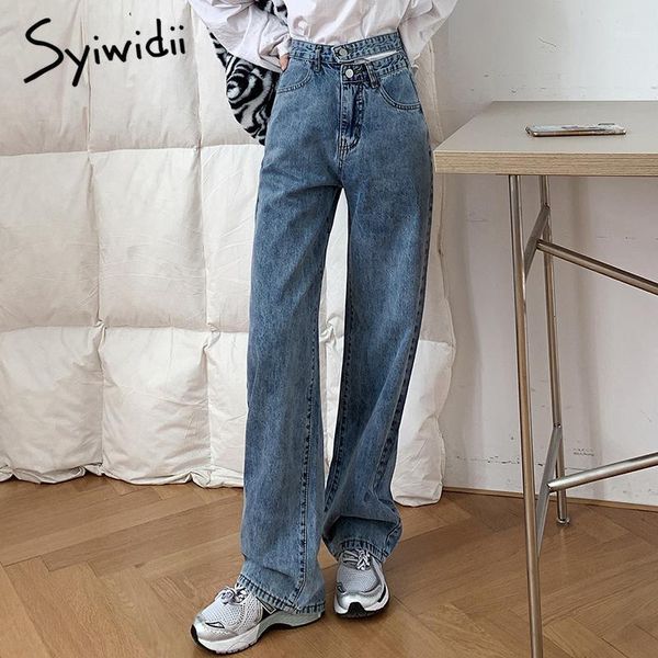 

syiwidii high waisted jeans woman denim pants cut out patchwork spliced button full length ripped straight wide leg 2021 fashion1, Blue