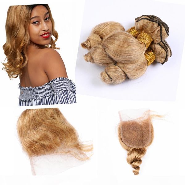 

100 human hair bundles with closure 4" * 4" indian hair loose wave human hair bundles with closure 27 color, Black;brown