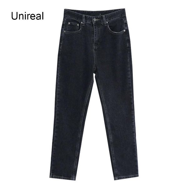 

unireal 2020 autumn korea style women high waist jeans dark grey cotton casual denim pants straight jeans, Blue