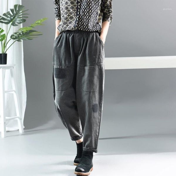 

women's jeans arrival autumn arts style women elastic waist loose vintga all-matched casual cotton denim patchwork harem pants a651, Blue