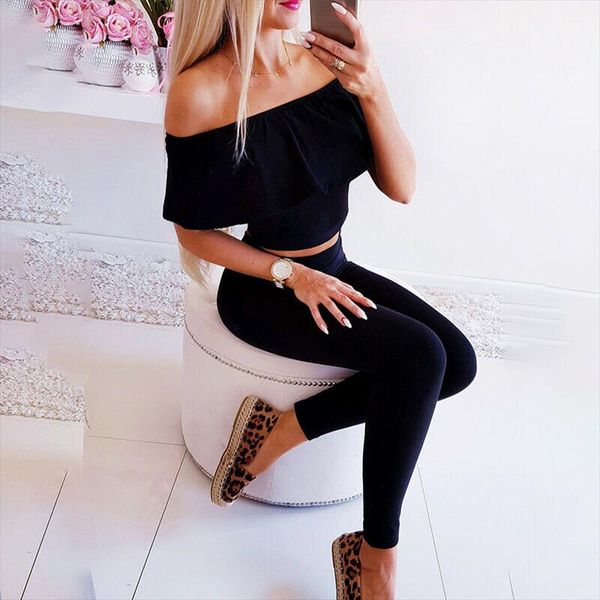 

2 piece sets womens suit frill crop pencil pants set bodycon off shoulder outfit suit tracksuit, Gray