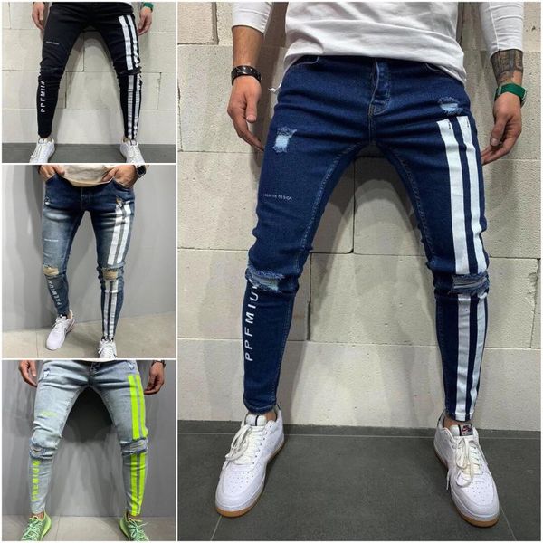 

side striped jeans for men 2020 ripped hole skinny pencil pants denim hip hop hommes jeans streetwear casual trousers plus size, Blue