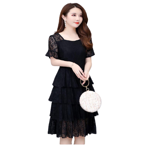 

summer fashion lace women short sleeve o-neck knee-length a-line pink beige black plus size chiffon cocktail dresses party
